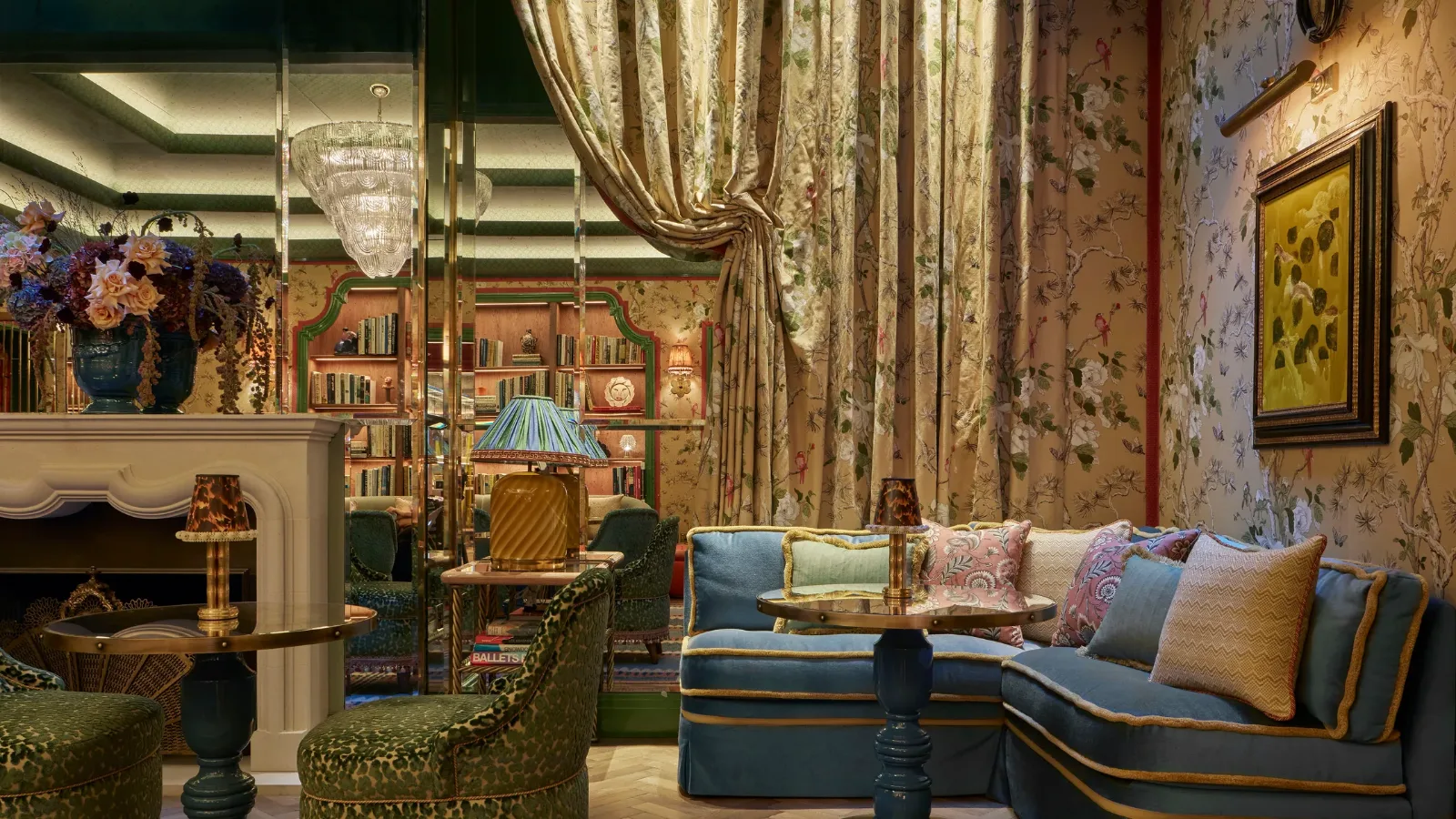 Broadwick Soho lounge — chinoiserie, velvet and layered pattern