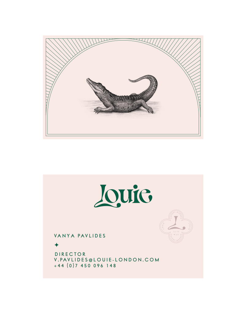 Louie business cards — crocodile and wordmark