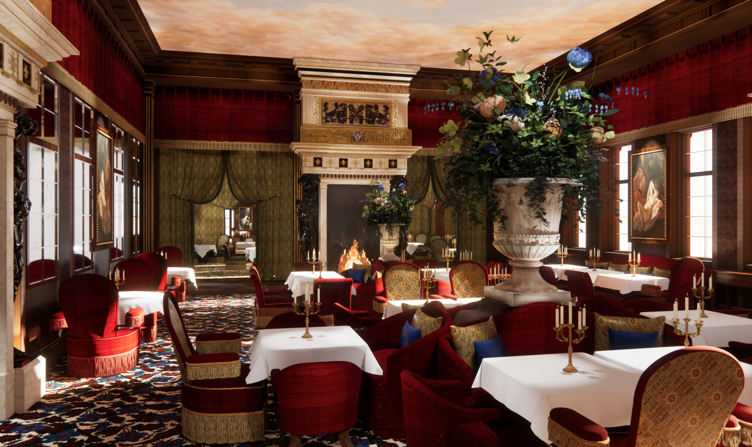 Hotel Kraus dining room render — red velvet, fireplace and grand florals